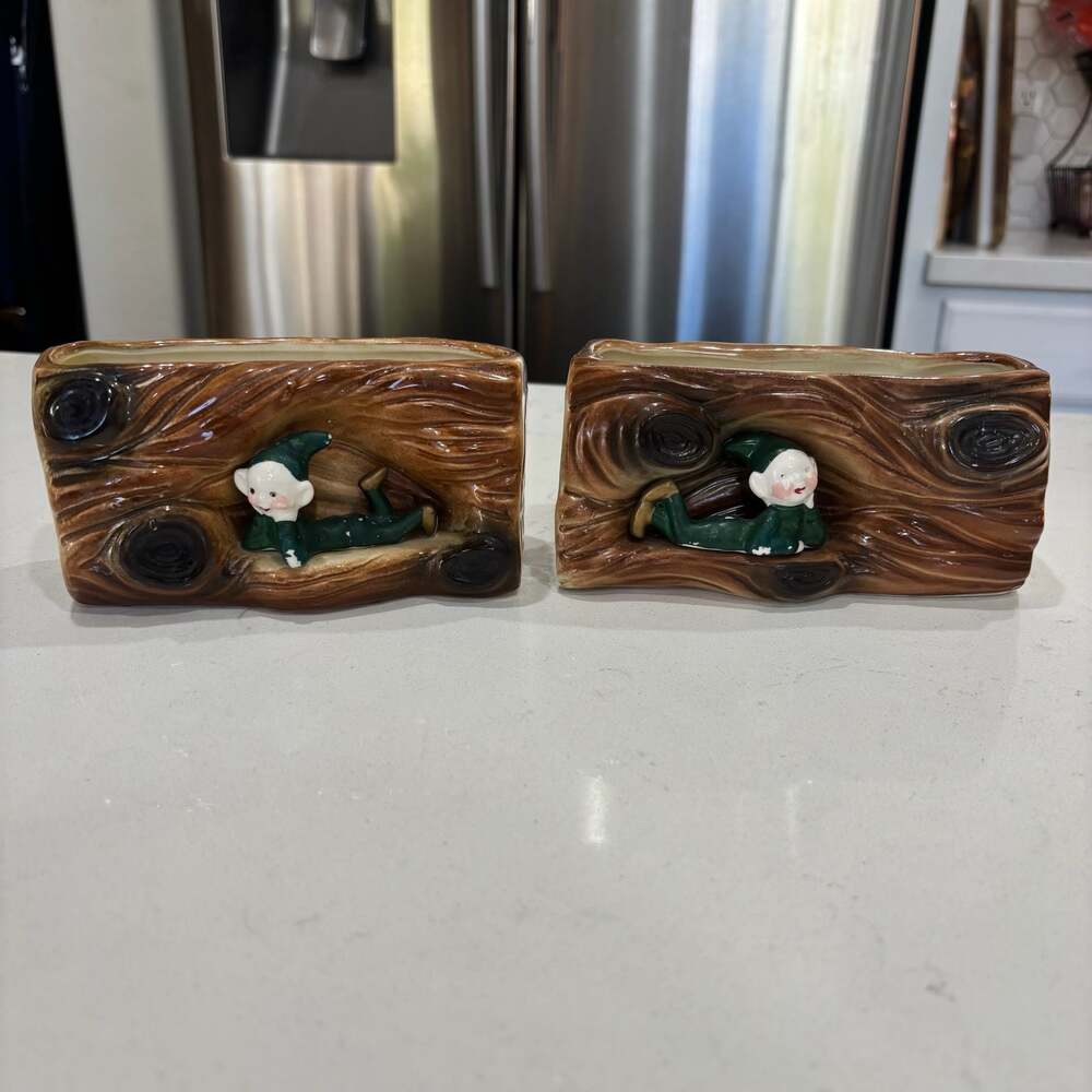 Vintage Ceramic Pixie Elf on Log Planters Mid-Century Modern Set of 2